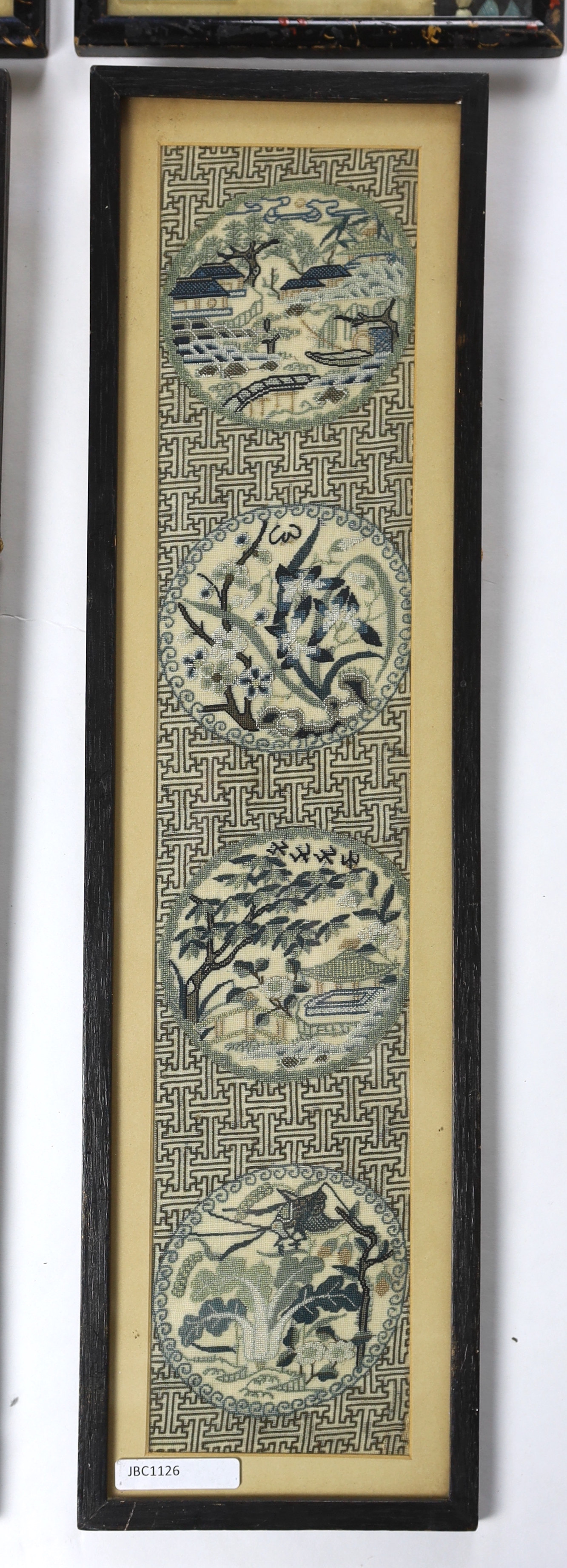 Two pairs of 19th century framed Chinese silk embroidered sleeves bands, one pair embroidered in fine silk petit point on a muslin ground, designed with four roundel scenes on a stylised brick designed background, the ot